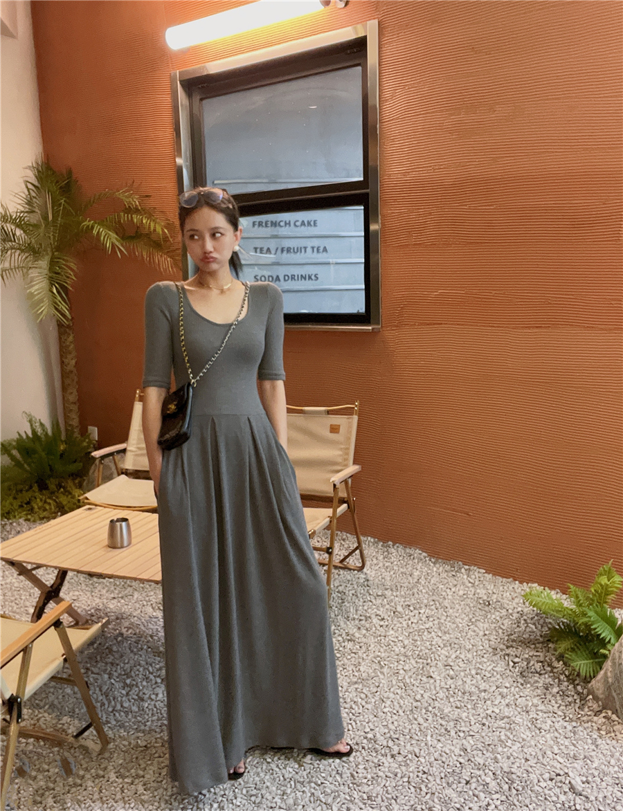 Ingy 사용자 정의 2022 여름 한국어 블랙 프렌치 롱 스커트 허리와 슬림 기질 회색 걸레질 드레스